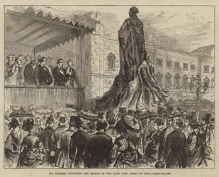 Mr Disraeli onthult het standbeeld van wijlen Lord Derby op Parliament-Square